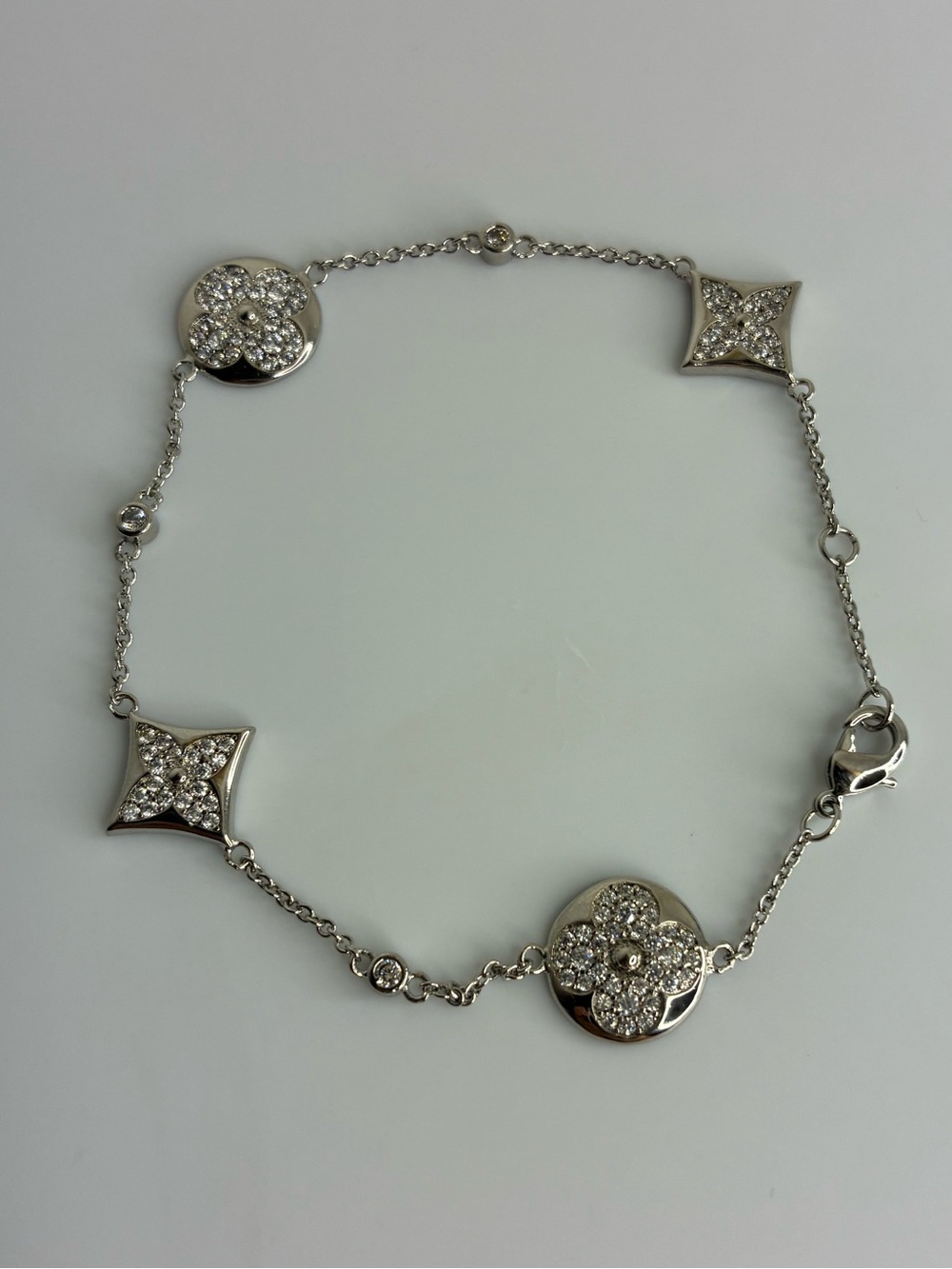 Vintage Silver Crystal Flower & Star Station Bracelet